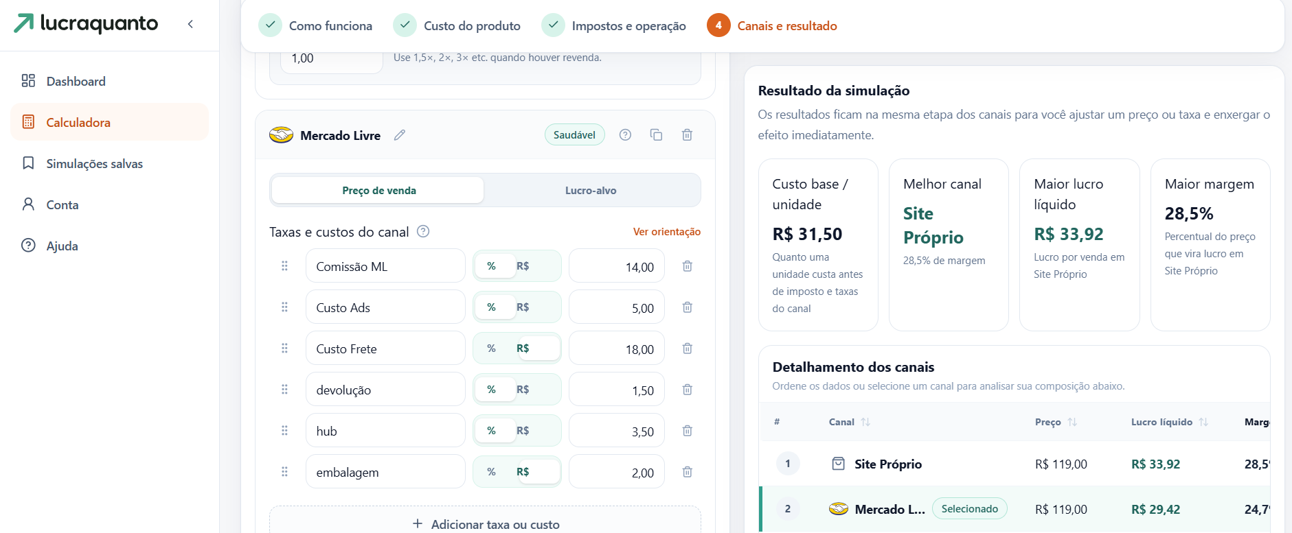 Screenshot da calculadora do LucraQuanto com taxas do canal, resumo da simulação e detalhamento dos canais.